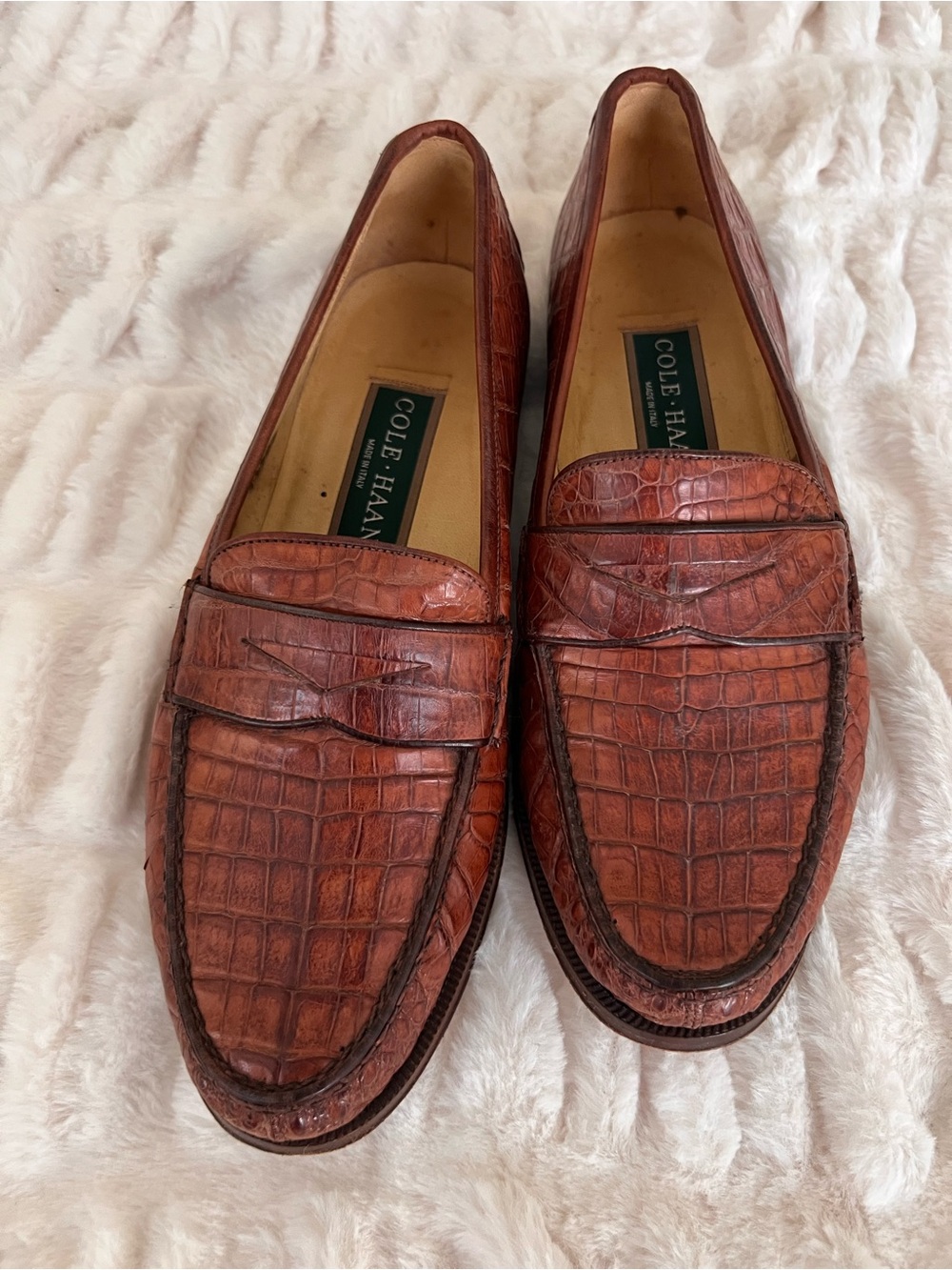 Cole Haan Vintage Genuine Caramel Brown Crocodile Leather Penny Loafers Size 8.5